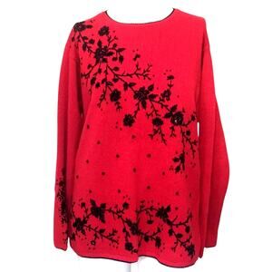 Tiara International VTG Red Sweater Black Beads Embroidery Large